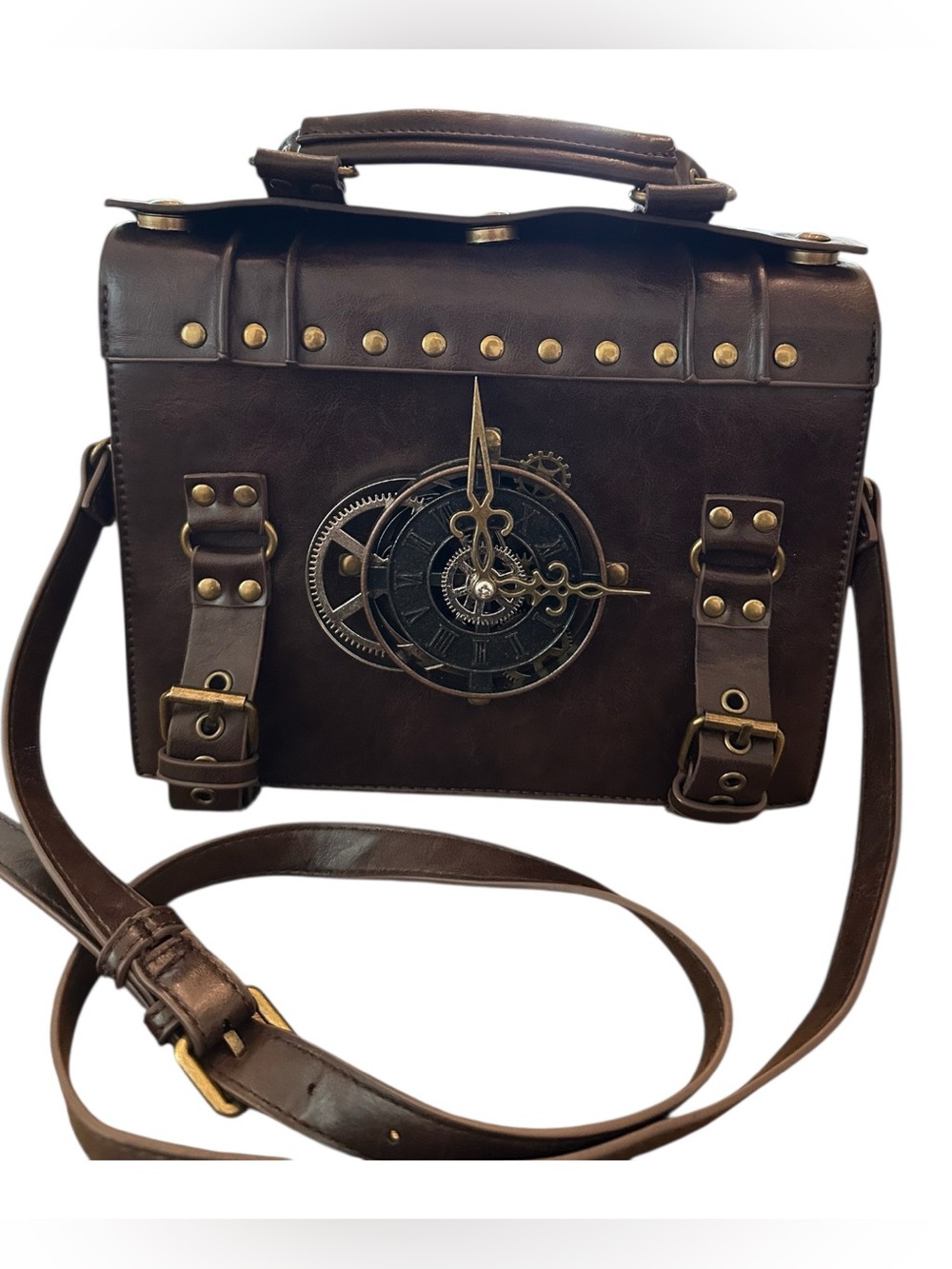 Steampunk Brown Leather Messenger Bag with Clock Accent.